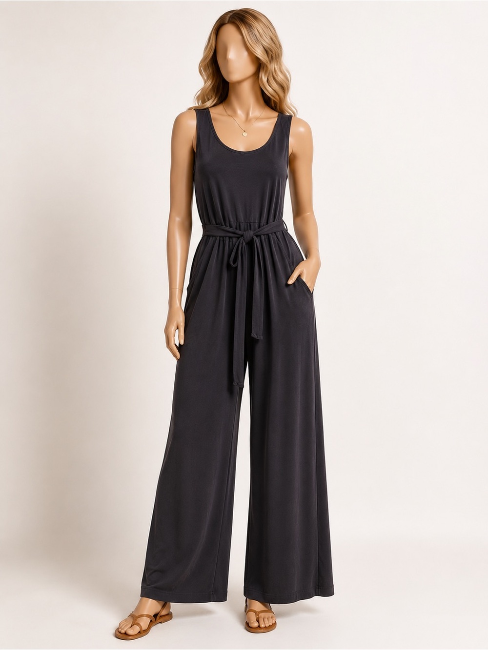 Patagonia Dark Grey Sleeveless Wide-Leg Jumpsuit with Tie Belt